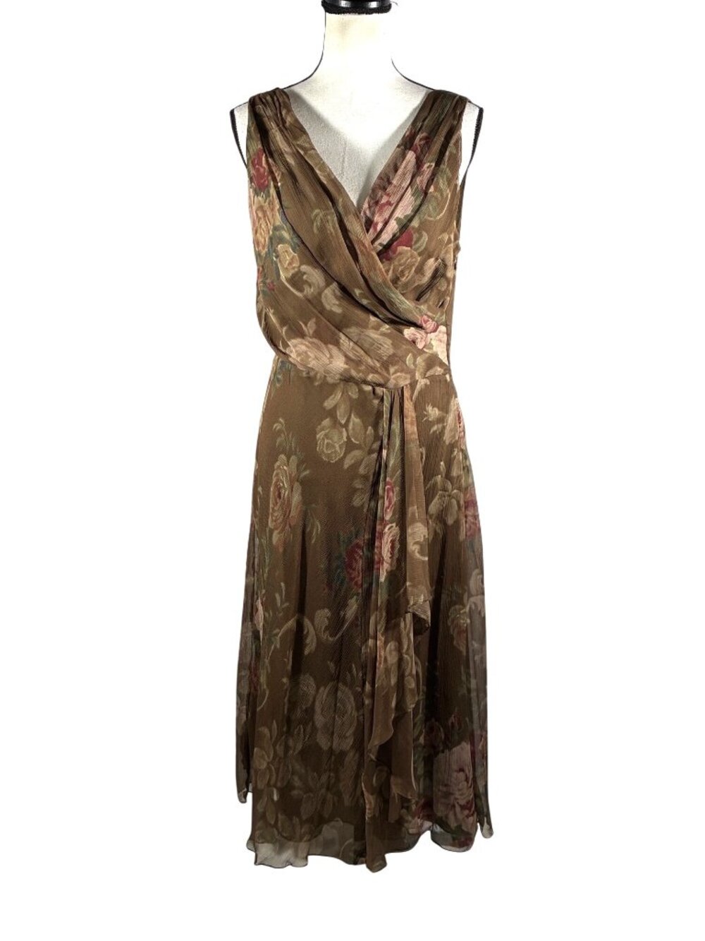 Lauren Ralph Lauren Brown Floral Silk Sleeveless Midi Dress Size 8 lined elegant